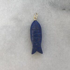 Solid 14K Yellow Gold Lapis Lazuli Lucky Fish Charm Natural Gemstone Pendant